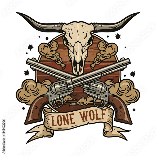 Wild West Lone Wolf design with bull skull and crossed revolvers vector illustration.
