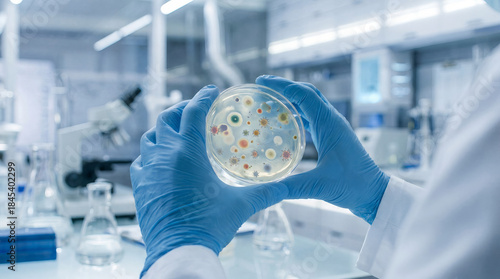 Scientist Holding Petri Dish with Virus and Bacteria Cells