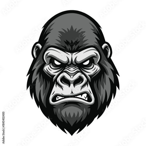 Angry silverback gorilla head mascot with serious face expression vector illustration.