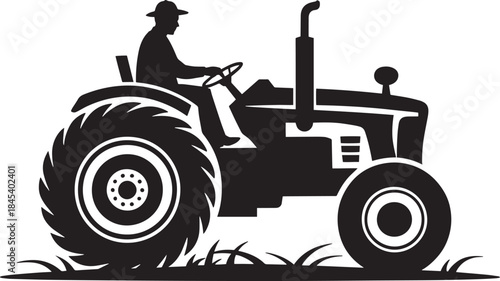 Farmer driving a vintage tractor silhouette plowing field farming agriculture harvest season