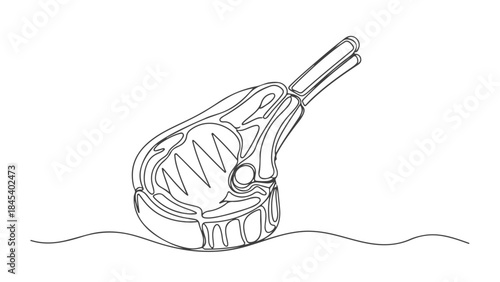 A single continuous line drawing of a raw steak with a bone, presented on a simple wavy line.