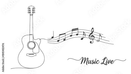 A minimalist line art illustration of an acoustic guitar with musical notes flowing out of it, symbolizing live music.