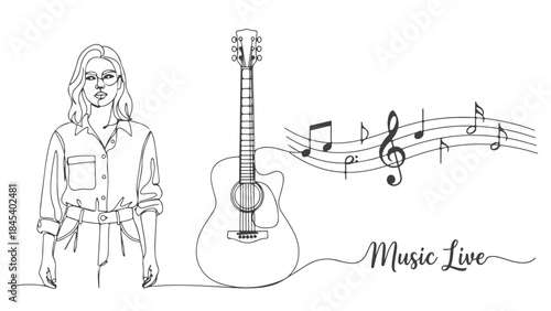 A minimalist line drawing depicts a woman standing next to an acoustic guitar with musical notes and the text "Music Live" flowing from it.