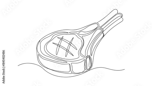 A single continuous line drawing of a raw steak with grill marks on a white background.
