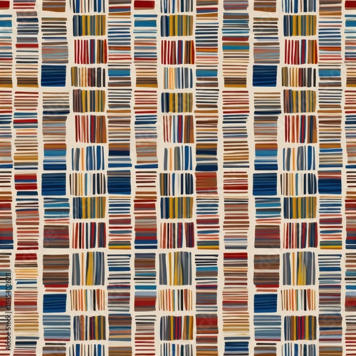Colorful Geometric Pattern with Vertical Striped Design on Beige Background.