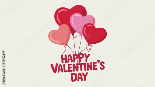 Multiple heart shaped balloons tethered together on a cream background with happy valentines day text