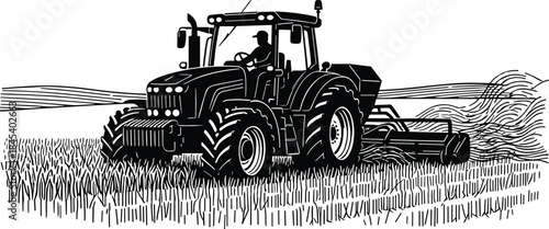Farmer Plowing Field with Tractor Silhouette