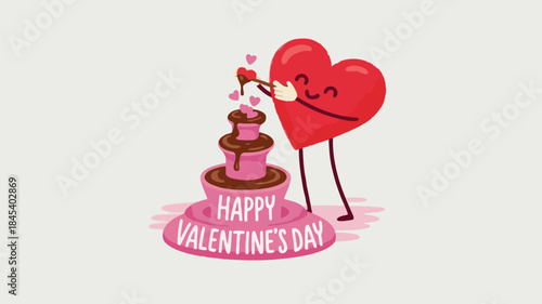 A cheerful heart character dipping tiny hearts into chocolate frosting on a happy valentine's day cake with pink and brown hues on a white