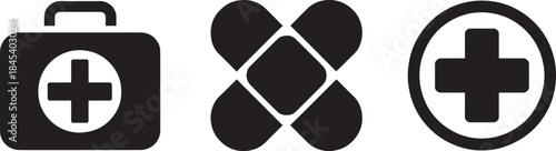 First aid kit and medical cross icons set for emergency and health care
