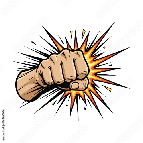 Strong clenched fist punching with comic style impact speed lines vector illustration.