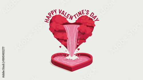 Heart shaped waterfall pouring into a shallow heart shaped pool on valentine's day