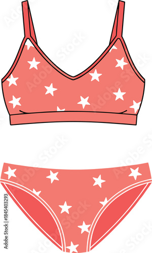 Bright star-patterned girls’ underwear set vector illustration featuring vibrant bralette and matching panties in playful colorful design for fashion and apparel use.