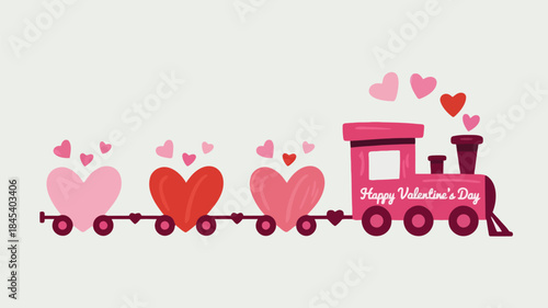 Pink train with heart shaped carriages and valentine's day theme on locomotive side