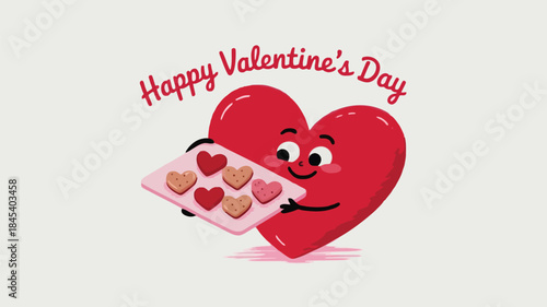Smiling heart character holding tray of heart shaped cookies on valentine's day