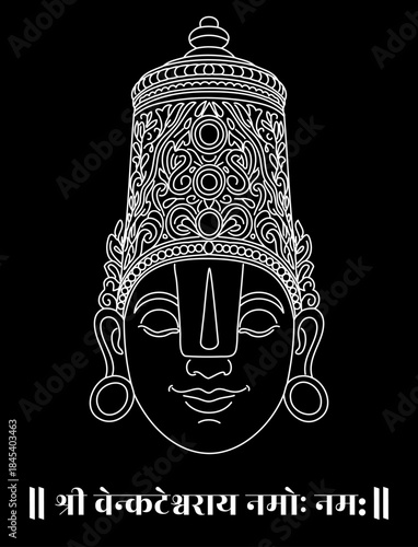 Elegant white line art illustration of Lord Venkateshwara Tirupati Balaji on black background with traditional ornaments and tilak, venkateshwara, balaji, tirupati, hindu, god, lineart, divine, spirit