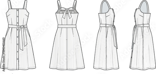 Strap dress technical fashion flat sketch vector, button-up front, belt detail, square neckline, midi A-line, side view, apparel template
