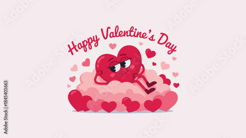 A cheerful heart character lounges on fluffy clouds surrounded by smaller hearts happy valentine's day