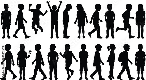 Children silhouette set showing boys and girls walking jumping running and standing black vector illustration for education design use projects
