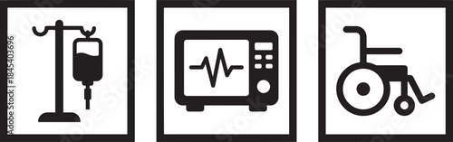 Healthcare icons set iv bag, ecg monitor, wheelchair in black frame, transparent background