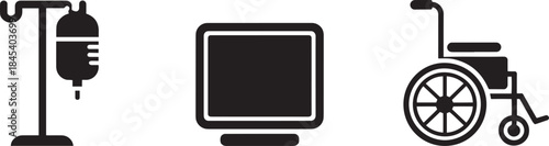 Hospital medical equipment set with iv stand, monitor, and wheelchair for patient care