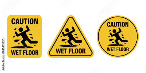 Collection of yellow wet floor caution signs in various shapes for safety awareness