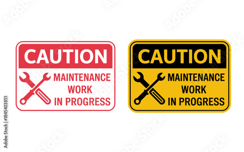 Caution maintenance work in progress sign with tools icon in red and yellow versions