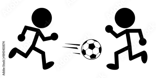 Two stick figures playing soccer, running and kicking the ball in a dynamic action scene
