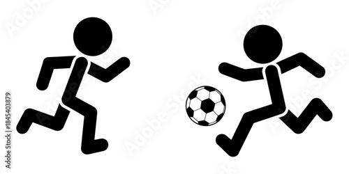 Simple stick figure illustration depicting a person running and another playing soccer