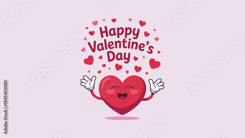 A cheerful heart character celebrating valentine's day with tossed heart shapes on a light pink background