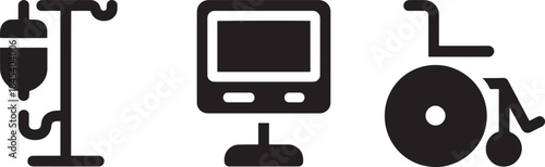 Medical equipment set with iv drip, vital signs monitor and wheelchair for hospital