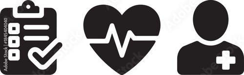 Medical history checklist health report heartbeat monitoring medical record vector icons set