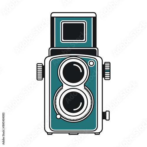 Retro blue twin lens reflex camera vintage photography equipment object vector illustration.