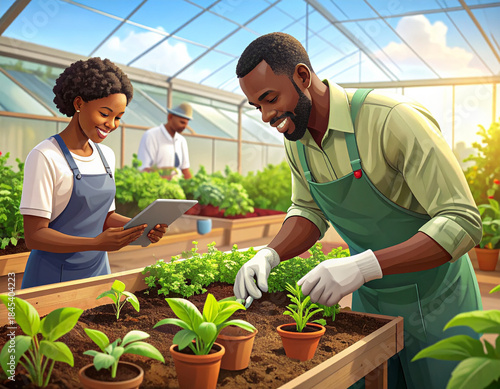 Illustration of horticulturists working in a greenhouse environment