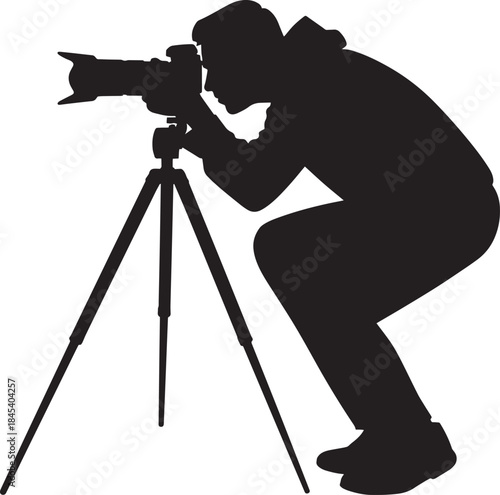 Photographer silhouette with camera on tripod captures picture, isolated on transparent background