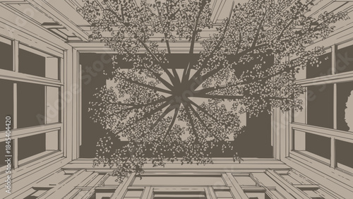 View from below of a tree in a courtyard architectural perspective vintage illustration style