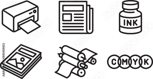 Printing industry icons set with printer newspaper ink bottle book print rolls CMYK circles