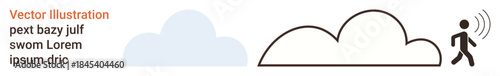 Cloud computing, wireless technology, data sharing, digital connection, remote storage, networking systems. Minimalist design with a cloud and a person emitting signals. Cloud computing and wireless