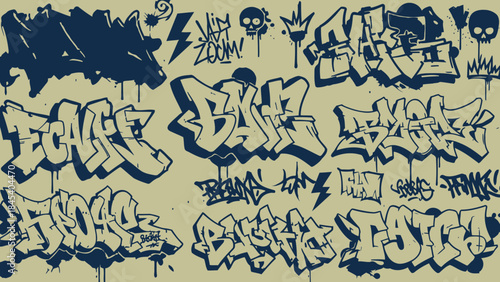 Graffiti art collection urban street style lettering and symbols graphic design elements for posters
