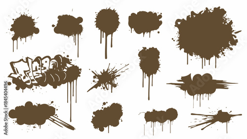 Collection of brown ink splatter and graffiti elements grunge design assets for urban art and distre