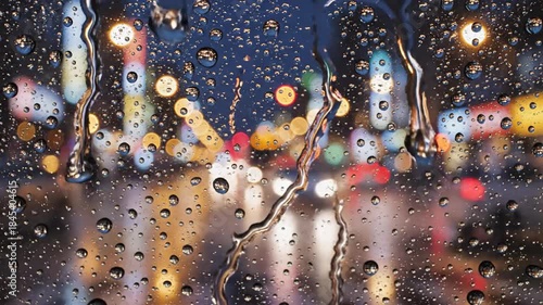 Rainy Night City Lights - A Window View of Urban Reflections.