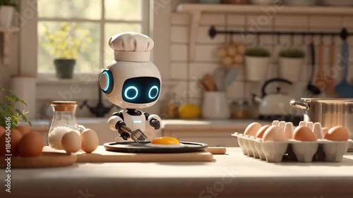Cute humanoid robot chef frying an egg in a cozy kitchen filled with eggs and cooking tools, symbolizing AI in everyday life, smart homes, and future cooking