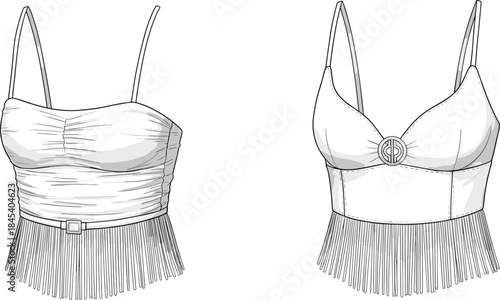 Detailed vector illustration of stylish women’s fringe crop tops featuring ruched fabric, decorative front hardware, elegant straps, and modern fashion design elements.