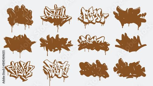 Brown graffiti tags collection urban art style lettering isolated on white background for design