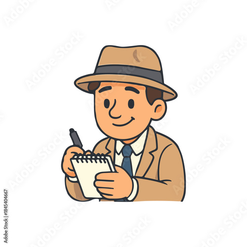 Retro journalist taking notes. Classic reporter writing on notepad. Vintage news writer sketching story