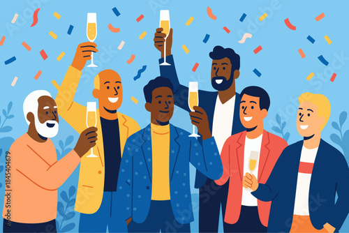 Men celebration toast flat illustration. Group of men cheering festive party scene. Male friends raising glasses modern design.