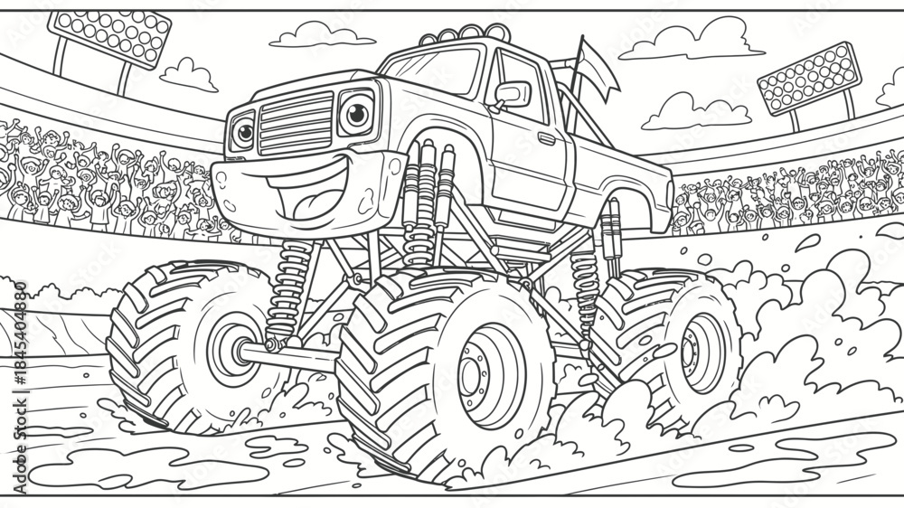 Obraz premium Cartoon Monster Truck Racing on Mud Track with Exaggerated Suspension and Joyful Expression against Stadium Crowd in Monochrome