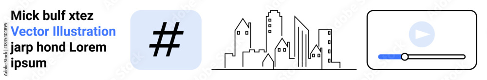 Fototapeta premium Stylized metadata tag symbol, linear city skyline, and a multimedia playback interface. Ideal for social media, technology, urban planning, video content, online education, graphic design simple