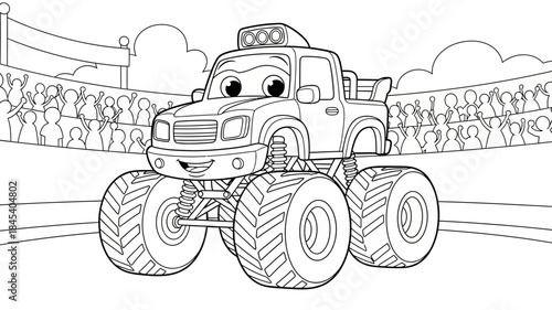 Cartoon Monster Truck in Racing Arena with Cheering Crowd Black and White Illustration