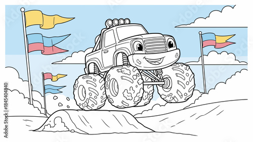 Cartoon Monster Truck Jumping Over Dirt Ramp with Cheerful Expression and Waving Flags against a Light Blue Background