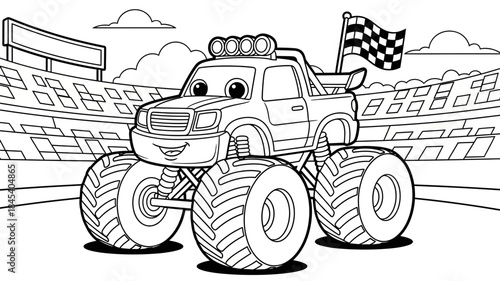 Cartoon Monster Truck Mascot with Stadium Setting Big Tires and Friendly Face Displaying Checkered Flag